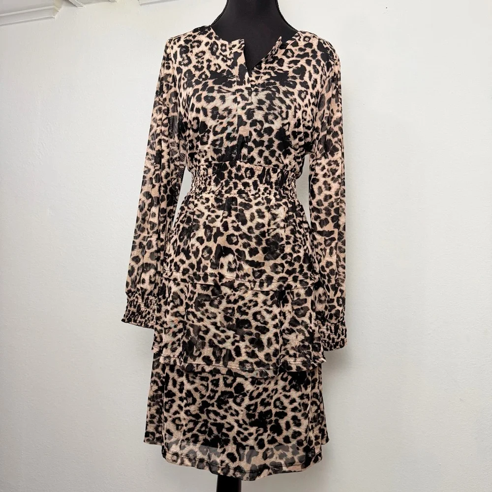 Badgley Mischka Leopard Print‎ Long Sleeve Dress size PL